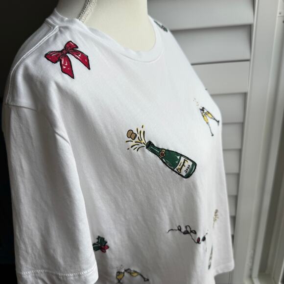 J. CREW Embroidered Party Tee Womens Small White Embellished Cheers Holiday Boxy - Picture 7 of 14